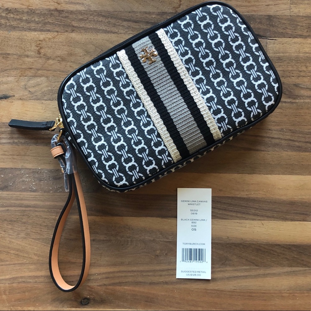 Tory Burch Gemini Link Canvas Wristlet- Black
